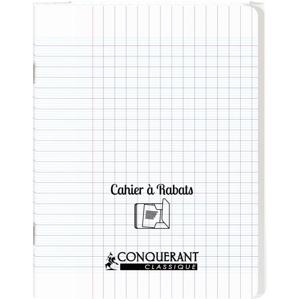 Piqûre 96 pages avec 2 rabats, format 17x22 cm, seyès 90g, couverture polypropylène incolore, CONQUERANT CLASSIQUE —…