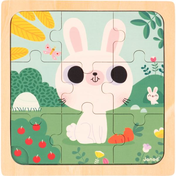 Boite de 3 puzzles à cadre en bois 9 pièces, joyeux animaux, JANOD — JEUX