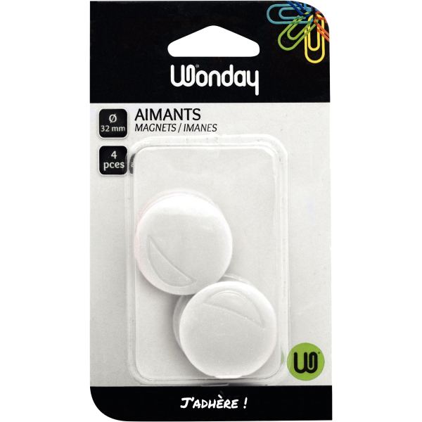 Blister de 4 punaises magnétiques, diamètre 32 mm. Blanc, Wonday — EQUIPEMENT CLASSE ET BUREAU