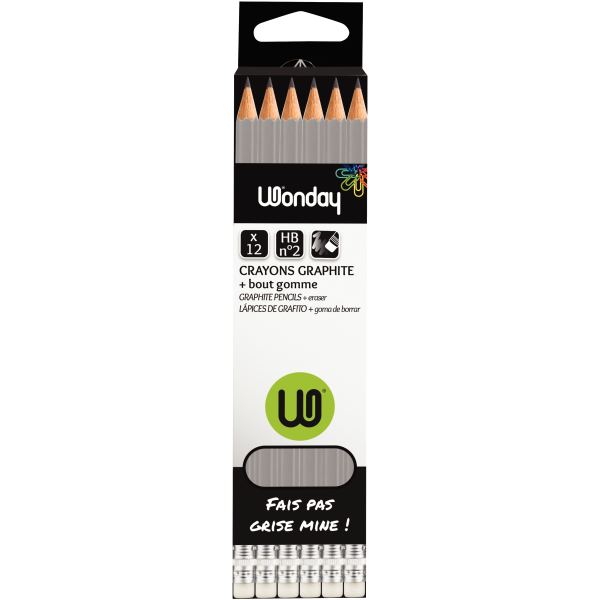Boîte de 12 crayons graphite standard HB bout gomme, Wonday — ECRIRE ET CORRIGER