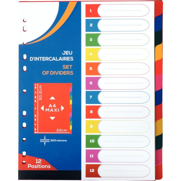 Jeu de 12 intercalaires en polypropylène 30/100 ème, format A, N.C — CLASSEMENT
