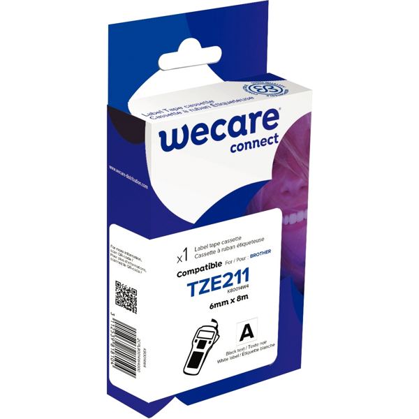 Ruban TZE 211 noir sur blanc 6 mm x 8 m compatible, WECARE — BUREAUTIQUE