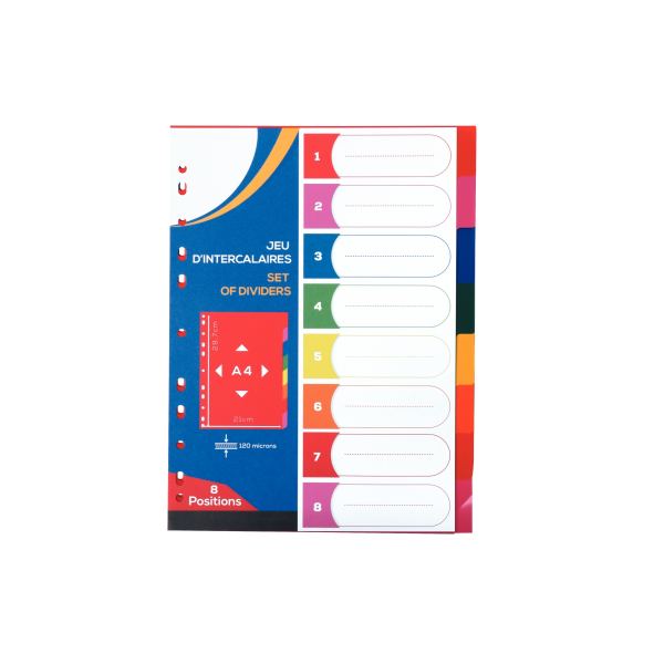 Jeu de 8 intercalaires en polypropylène coloré 12/100ème, format A4 — Non classé