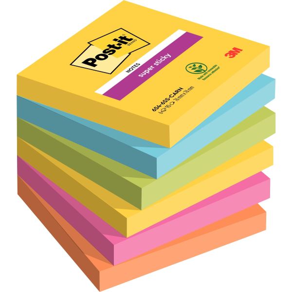 Paquet de 6 blocs de 90 feuilles Super Sticky post-it, 76 x 76 mm, couleurs CARNIVAL — Non classé