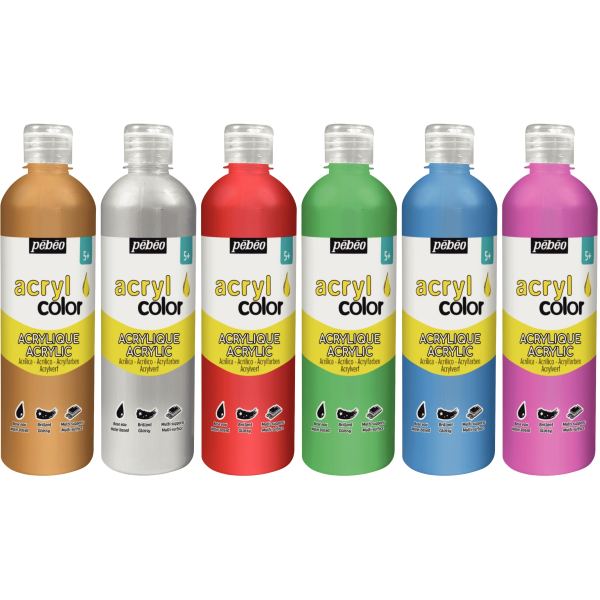 Carton de 6 flacons 500 ml de peinture ACRYLCOLOR couleurs métalliques et nacrées assorties — Non classé