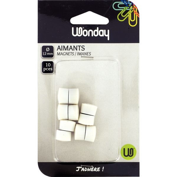 Blister de 10 punaises magnétiques, diamètre 12 mm. Blanc, Wonday — EQUIPEMENT CLASSE ET BUREAU