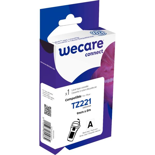 Ruban TZE 221 noir sur blanc 9 mm x 8 m compatible, WECARE — BUREAUTIQUE