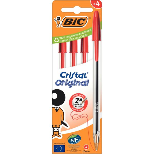 Boite de 4 stylos bille Cristal pointe moyenne rouges — ECRIRE ET CORRIGER