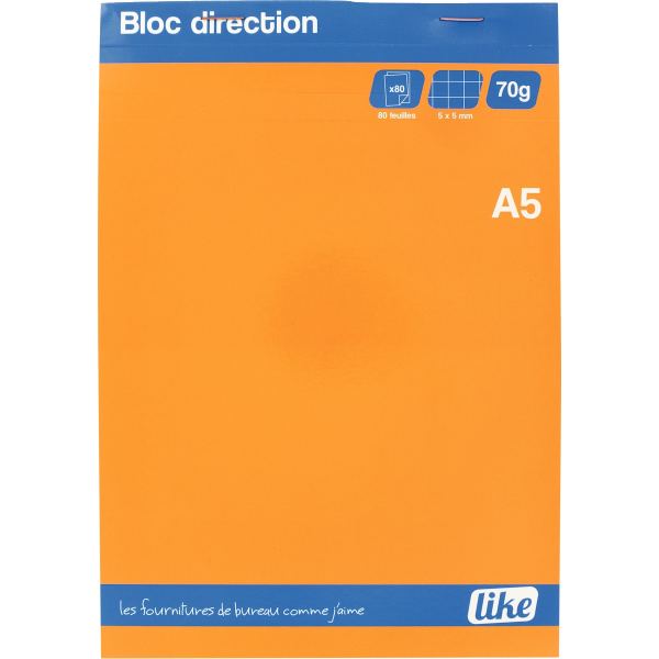 Bloc direction 80 feuilles LIKE, format A5, quadrillé 5x5, papier 70g — Non classé