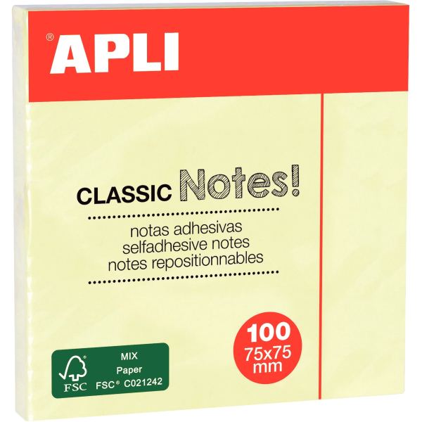 APLI Notes adhésives "CLASSIC Notes!", 75 x 75 mm, jaune — Notes adhésives & distributeurs