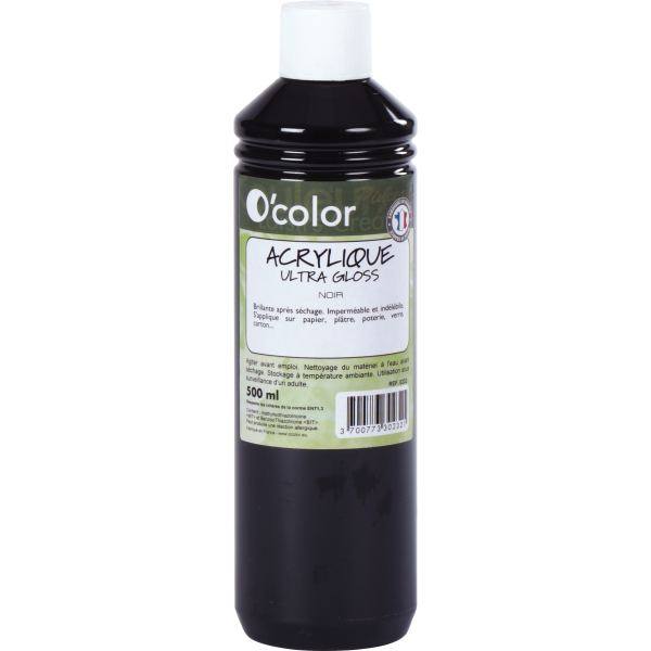 Flacon 500 ml de peinture acrylique O'COLOR, noir — DESSIN SCOLAIRE ET PROFESSIONNEL