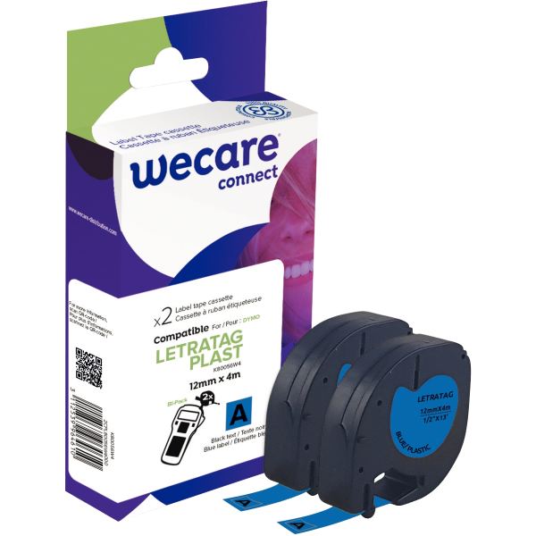Pack de 2 letratag plastique noir sur bleu 12 mm x 4 m compa, WECARE — BUREAUTIQUE