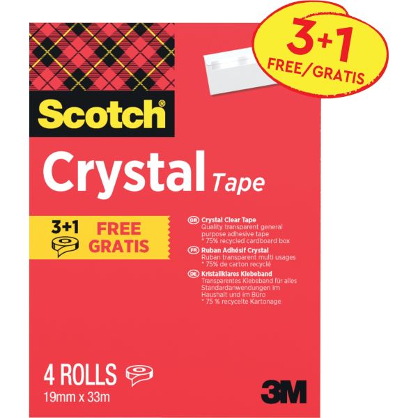 Rouleau adhésif transparent Cristal 19 mmx 33m 3 rouleaux + 1, Scotch — PETIT MATERIEL BUREAU ET ECOLE