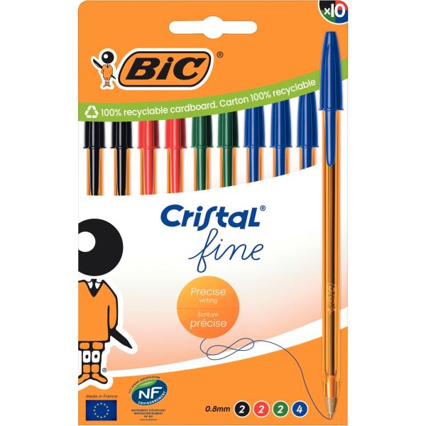 Boîte de 10 stylos bille Cristal pointe fine assortis — ECRIRE ET CORRIGER