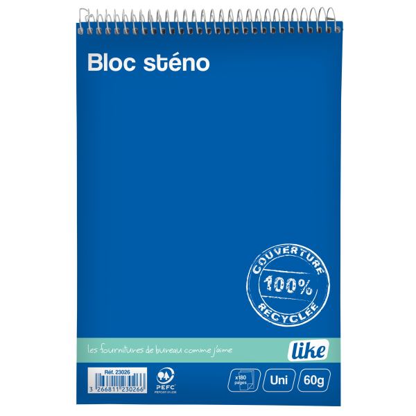 Bloc sténo à spirale LIKE 180 pages, format A5, papier blanc uni 60g — Non classé