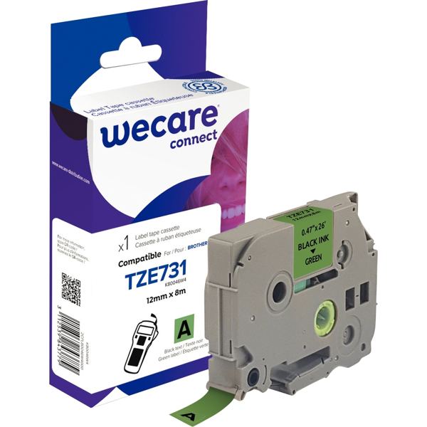 Ruban TZE 731 noir sur vert 12 mm x 8 m compatible, WECARE — BUREAUTIQUE