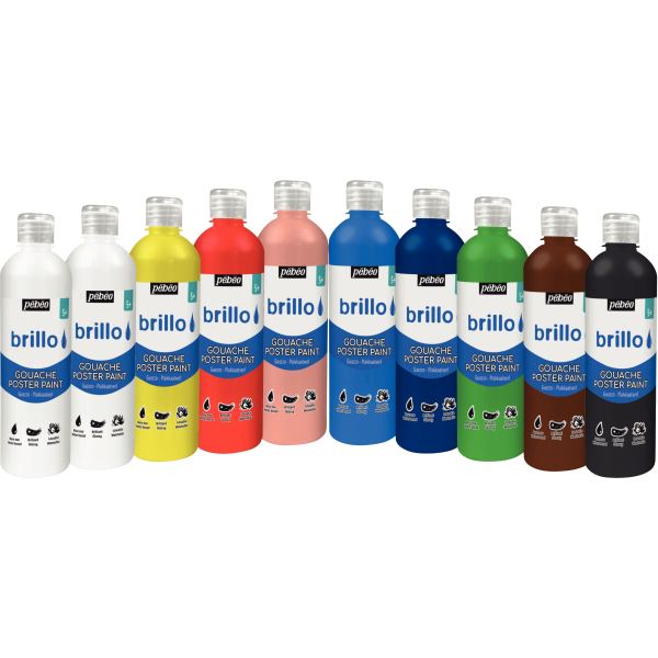 Assortiment de 10 Flacons de 500 ml de gouache brillante BRILLO (9 + 1 Flacon offert) — Non classé