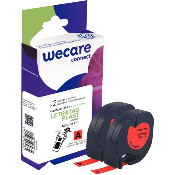 Pack de 2 letratag plastique noir sur rouge 12 mm x 4 m comp, WECARE — BUREAUTIQUE