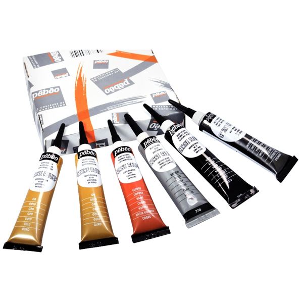 Boîte de 6 tubes à canule cerne relief 20 ml. Assortis : 2 or, noir, argent, cuivre, imitation plomb, N.C — DESSIN SCOLAIRE…