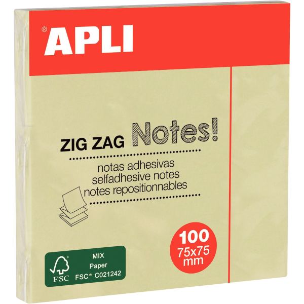 APLI Notes adhésives "ZIG ZAG Notes!", 75 x 75 mm, jaune — Notes adhésives & distributeurs