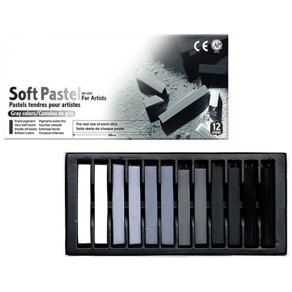 Boîte de 12 pastels sec carré grises, MUNGYO — DESSIN SCOLAIRE ET PROFESSIONNEL