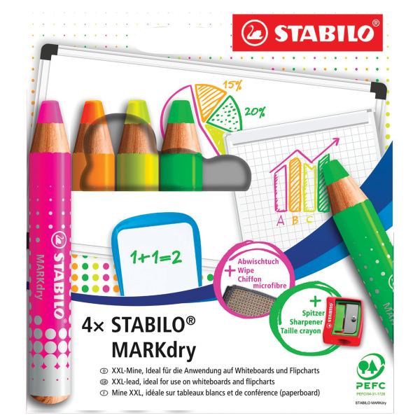 STABILO Crayon marqueur MARKdry FLUO, étui de 4 — Marqueurs tableau blanc & chevalet