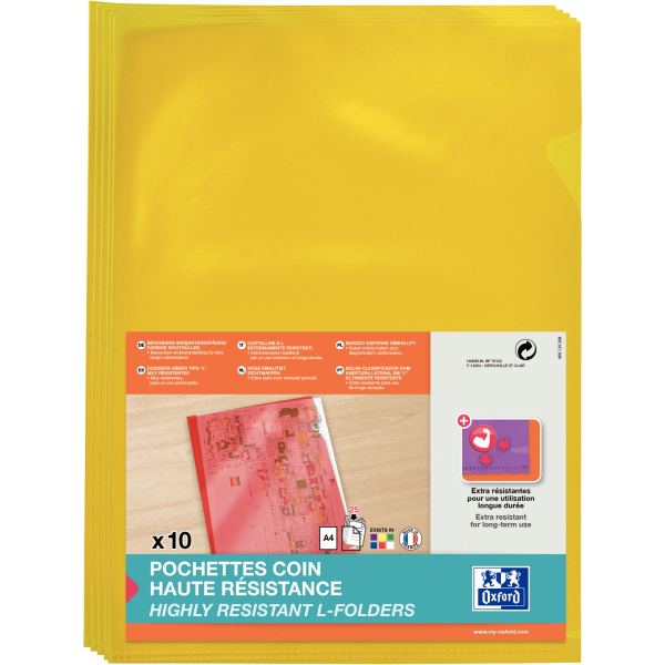Oxford Pochettes-coin haute résistance, A4, PVC, jaune — Chemises & pochettes transparentes