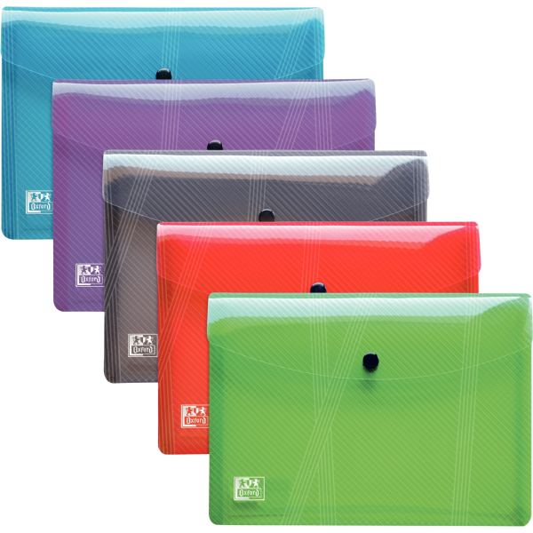 Paquet de 5 enveloppes à pression en polypropylène HAWAÏ pour format A5, coloris assortis, OXFORD HAWAI — CLASSEMENT