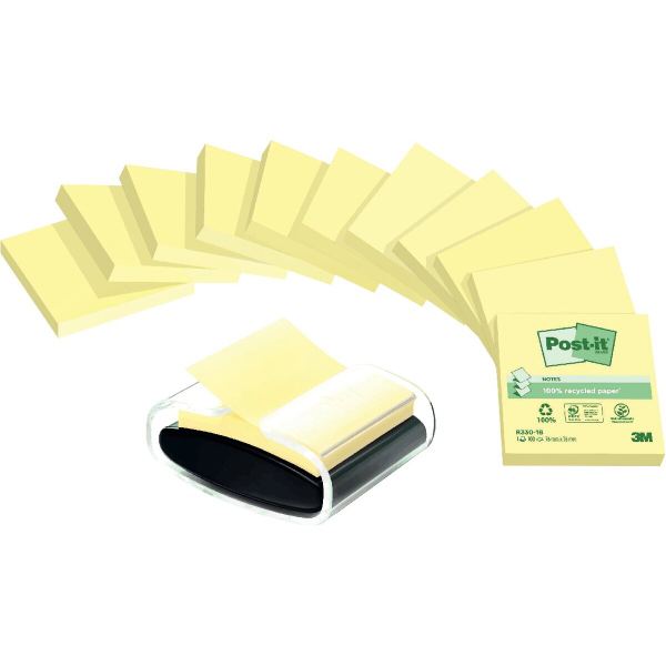 Lot de 12 blocs Z-notes recyclées avec un dévidoir millénium, Post-it — CAHIERS ET DERIVES DE PAPIER