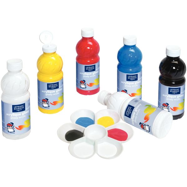 Carton de 6 flacons 500ml d'acrylique Glossy Lefranc Bourgeois, couleurs vives assorties — Peinture acrylique & marqueur…