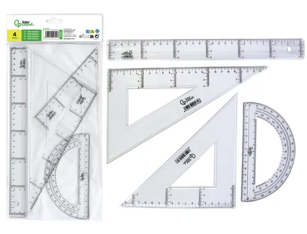 Set traçage liderpapel 4 pièces règle 30cm équerres 45/60 degrés 25cm rapporteur 180 degrés 15cm transparent — Non classé