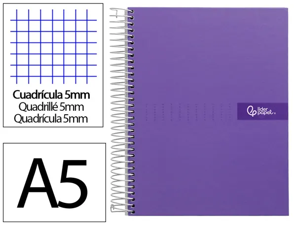 Cahier spirale liderpapel crafty couverture contrecollée a5 240p 90g/m2 5x5mm microperforé 6 trous coloris violet — Non…