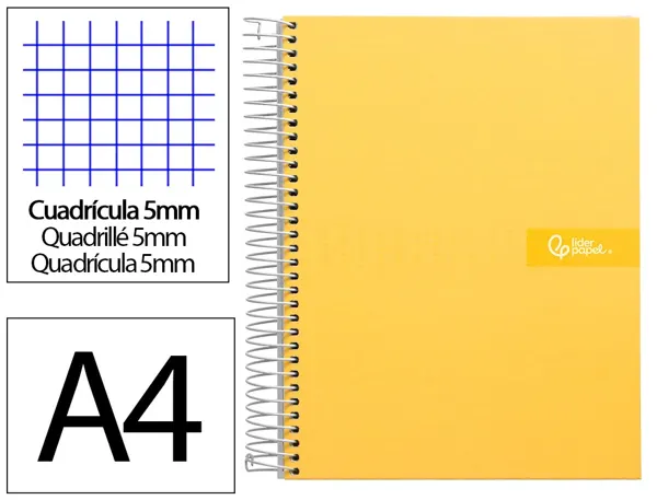 Cahier spirale liderpapel crafty couverture contrecollée a4 240p 90g/m2 5x5mm microperforé 4 trous coloris jaune — Non classé