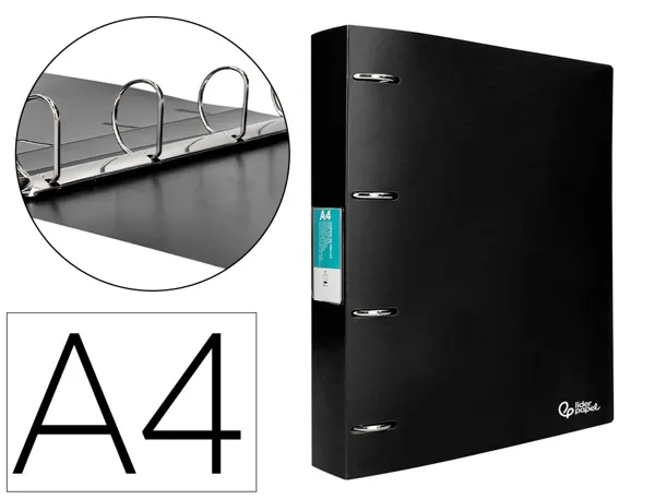 Classeur liderpapel 4 anneaux 40mm a4 polypropylene dos 55mm porte-cartes de visite coloris noir opaque — Non classé