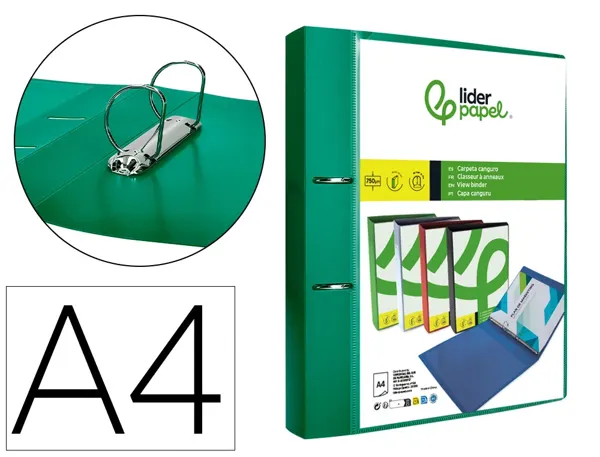 Classeur kangourou liderpapel 2 anneaux en d 40mm polypropylene 283x320mm dos 45mm document a4 coloris vert —…