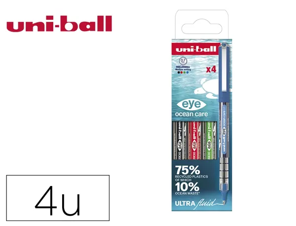 Roller uniball ocean care ecriture moyenne pointe 0,7mm encre liquide coloris assortis pochette 4 unites — Non classé