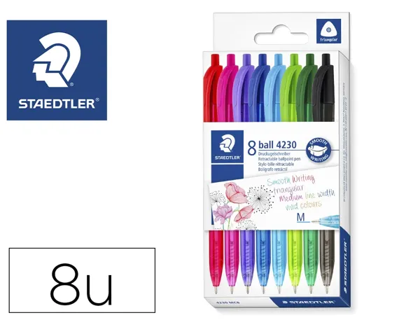 Stylo-bille staedtler ball 4230 m triangulaire retractable ergonomique pointe moyenne coloris assortis boite 8 unites — Non…