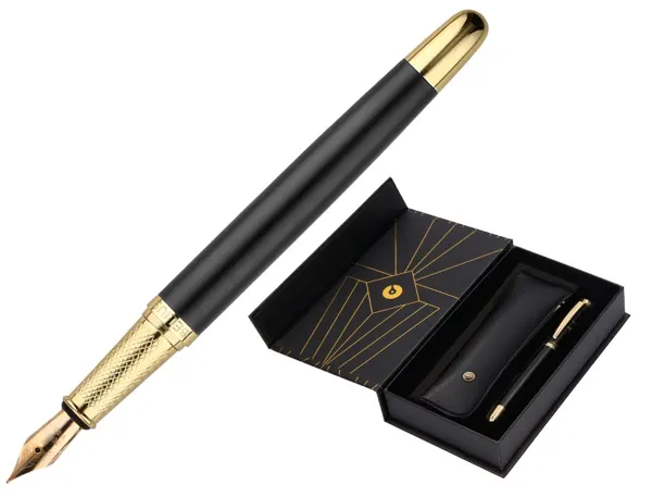Stylo-plume et etui simili cuir belius soiree aluminium details et attributs or encre bleue coloris noir coffret cadeau —…