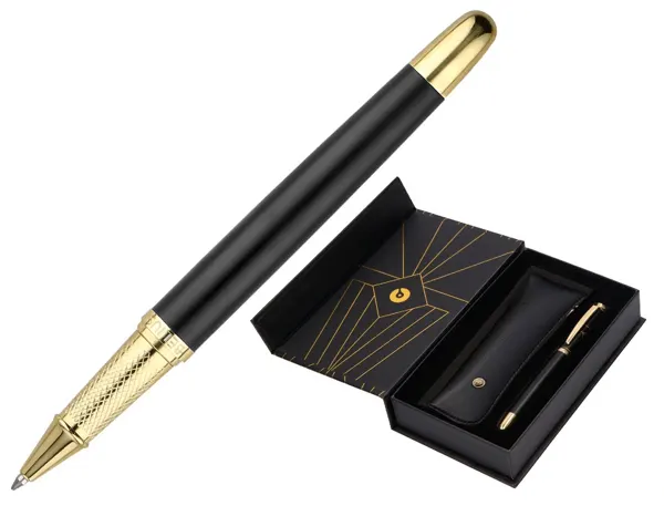 Stylo-bille et etui simili cuir belius soiree aluminium details et attributs or encre bleue coloris noir coffret cadeau —…