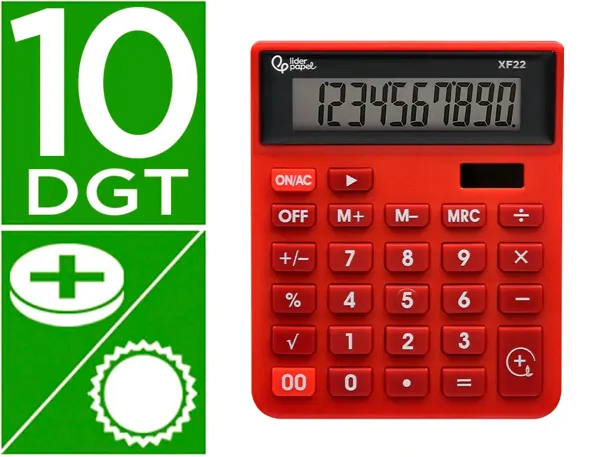 Calculatrice de bureau liderpapel xf22 10 chiffres solaire et piles 127x105x24 mm coloris rouge — Non classé