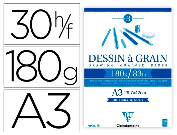 Bloc dessin grain clairefontaine a3 encoll blanc 29,7cmx42cm 180gr 30f — Non classé