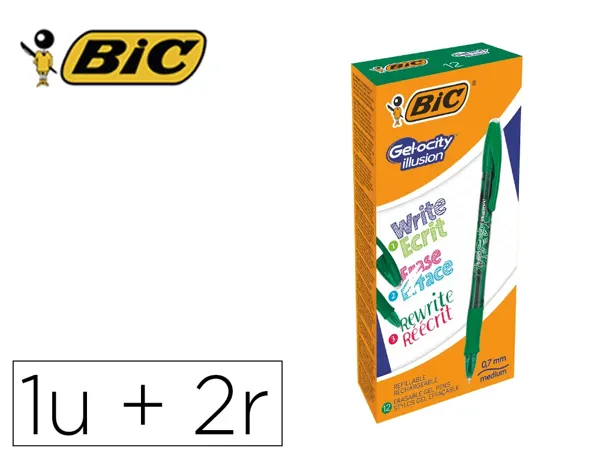 Roller bic gel-ocity illusion pointe moyenne 0,7mm grip caoutchouc encre effacable et rechargeable verte + 2 recharges —…