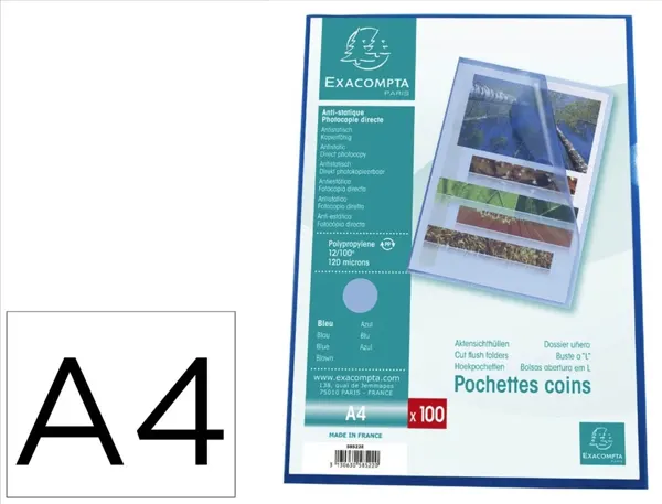 Pochette coin exacompta a4 pp graine 12/100eme 120 microns coloris bleu paquet 100 unites — Non classé