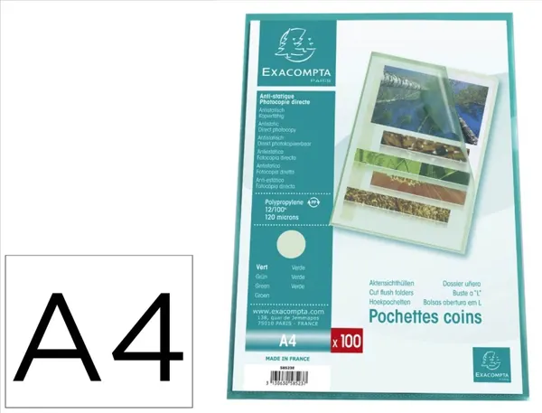 Pochette coin exacompta a4 pp graine 12/100eme 120 microns coloris vert paquet 100 unites — Non classé