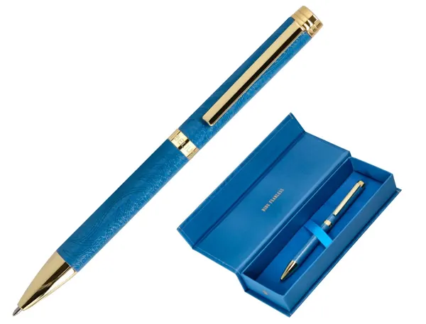 Stylo-bille belius wild west aluminium encre bleue coloris bleu marine dore boite design — Non classé