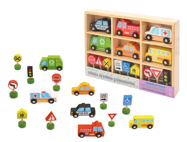 Jeu enfant imaginovo vehicules et panneaux signalisation bois +3 ans 16 pieces 30x22x4 cm — Non classé