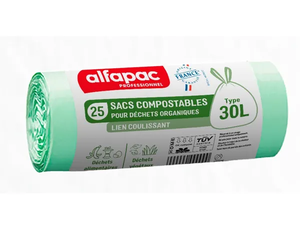 Sac dechets compostable alfapac lien coulissant 18 microns 30l resistance 6,5kg 500x650mm coloris vert 250 — Non classé