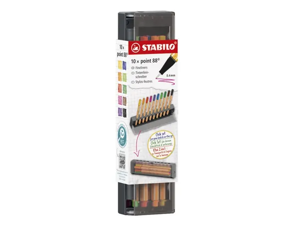 Stylo-feutre stabilo point 88 pointe fine gainee metal trait 0,4mm 1000m d'ecriture coloris assortis click box 10 —…