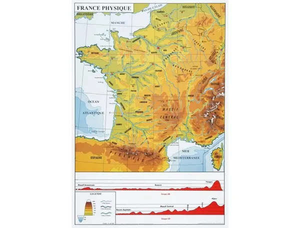 Carte de france murale ulmann recto verso plastifiee 1 face physique et 1 face administrative 94x89cm — Non…
