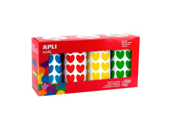 Gommettes coeur apli kids diametre 20 mm couleurs assorties boite de 4 rouleaux 7080 unites — Non classé
